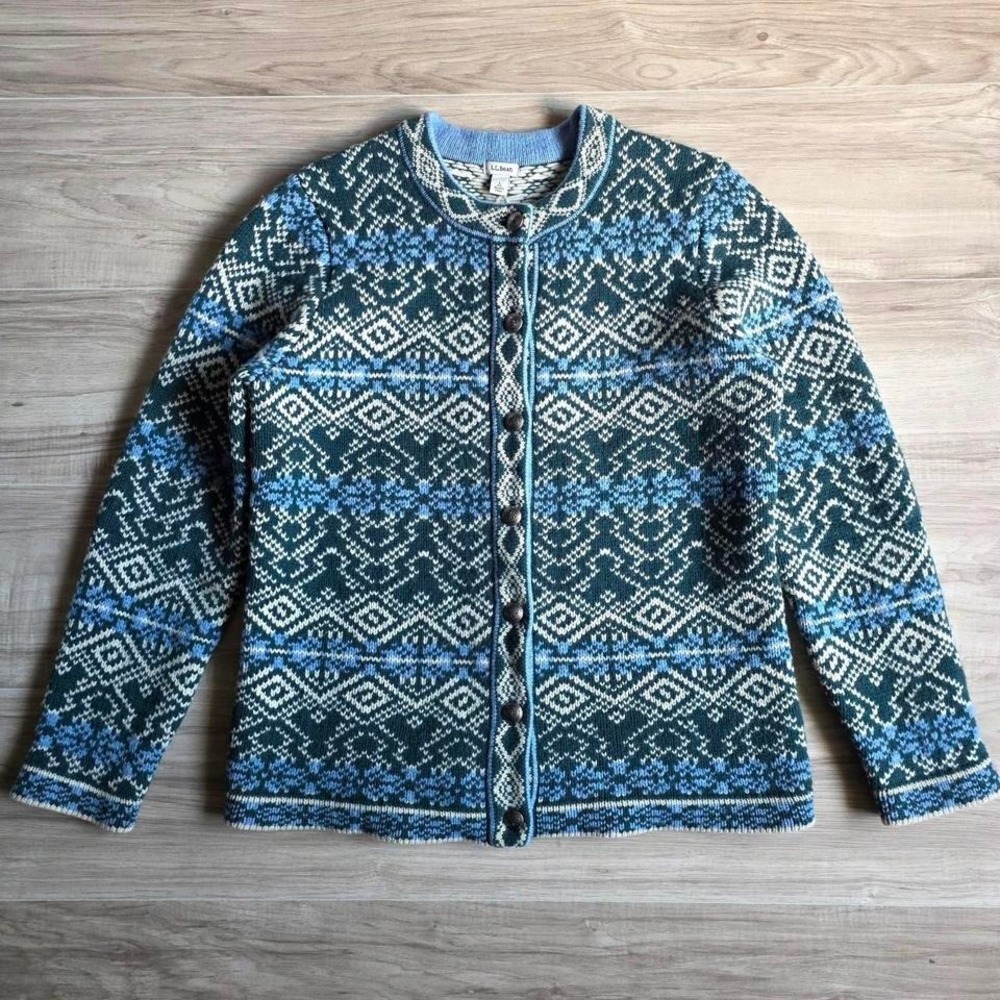 Vintage LL Bean Knit Nordic Lambs Wool Cardigan Sweater